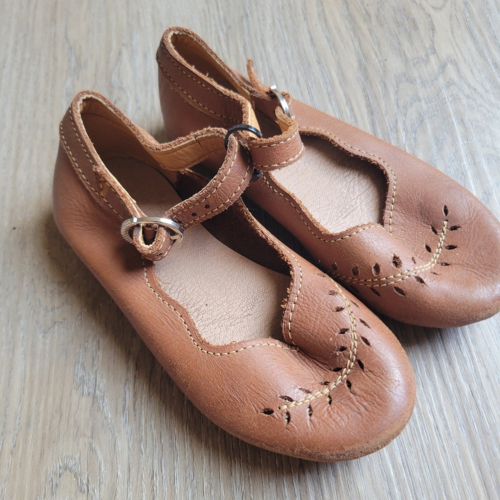 Adelisa & Co Girls Mary Jane Flats 25 Brown Leather Vintage Boho Petal T-Strap